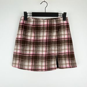 Forever 21 Women's Brown Pink Plaid Fully Lined Flannel Mini Skirt Size Small